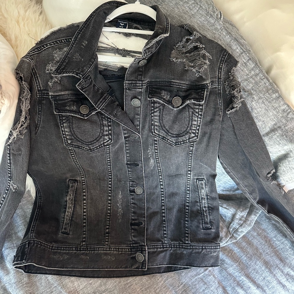 True Religion Distressed Black Denim Jacket